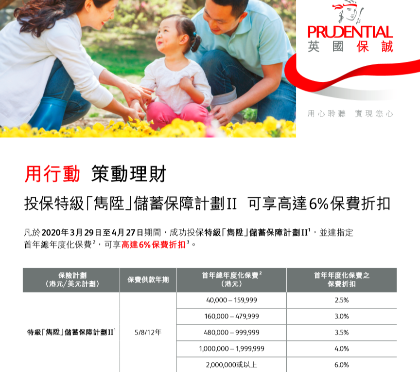 香港保诚 prudential 2020年4月保费优惠活动！